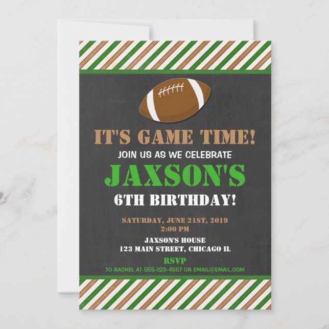 Football birthday party green black chalkboard boy invitation (Front)