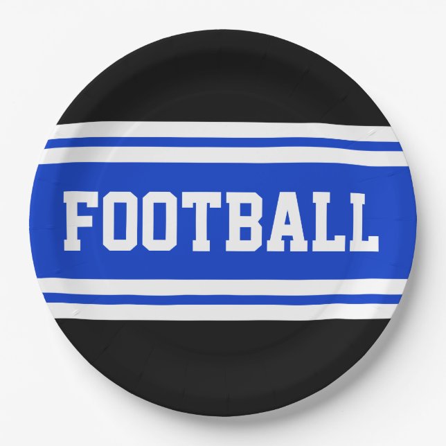 FOOTBALL Bold Bright Blue Black White Stripes Paper Plate (Front)