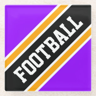 FOOTBALL Bold Bright Purple Black Slant Stripes Glass Coaster