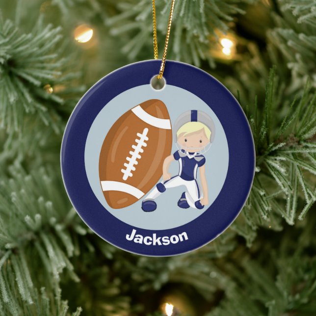Football Boy Personalised Blonde Kids Christmas Ceramic Ornament (Tree)