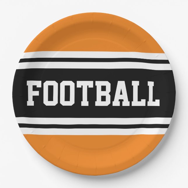 FOOTBALL Bright Orange Black White Racing Stripes Paper Plate (Front)