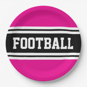 FOOTBALL Bright Pink Black White Racing Stripes Paper Plate