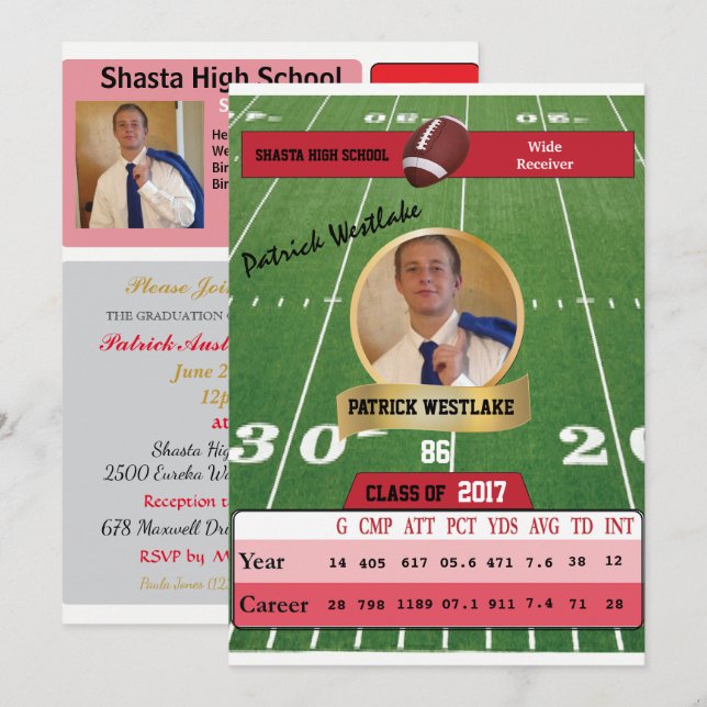 Football Card W/ Stats Grad Invitations - red (Front/Back)