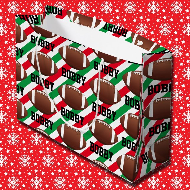 Football Christmas Add Name Stripe Red & Green Large Gift Bag (Creator Uploaded)
