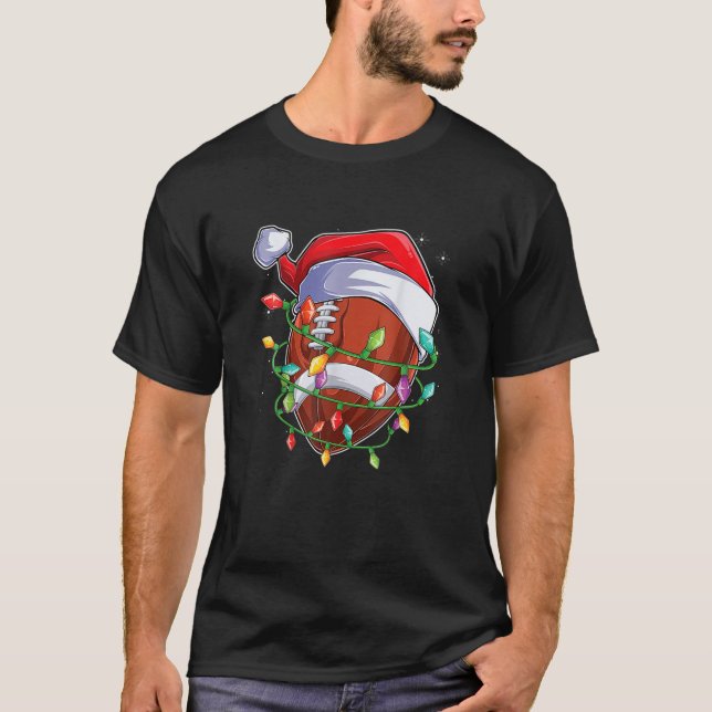 Football Christmas Lights Sport Xmas Santa Hat Mer T-Shirt (Front)