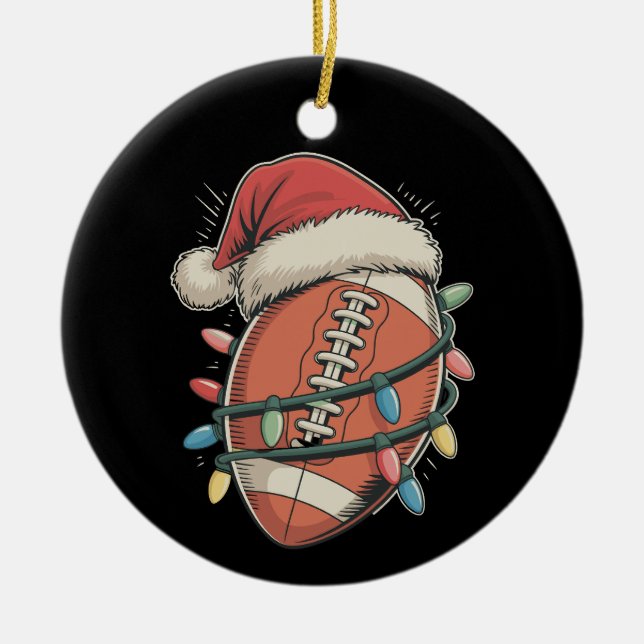 Football Christmas Santa Hat Holiday Sports Ceramic Ornament (Front)