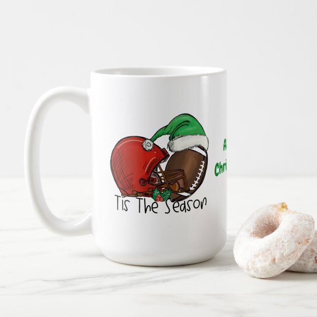 Football Christmas Tis The Season Red Green Brown  Coffee Mug (With Donut)