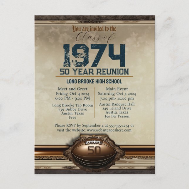 Football Class of 1974 50 Year High School Reunion Postcard (Front)