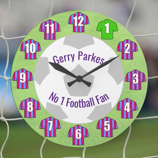 Football Clock - Claret & Blue Shirts (Claret and blue football shirts on a  clock)