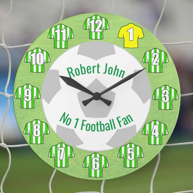 Football Clock - Green Striped Shirts (Green and white striped football shirts on a clock for number 1 fan)