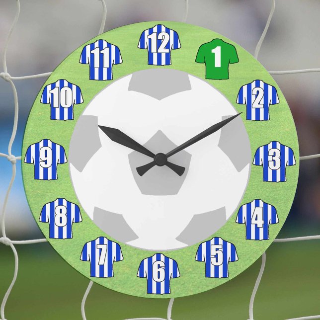 Football Clock - with blue striped Shirts (blue and white striped football shirts)