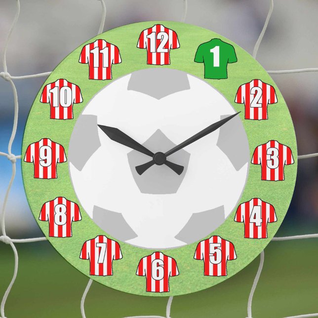 Football Clock - with red & white striped Shirts (Red and white striped football shirts on a wall clock.)