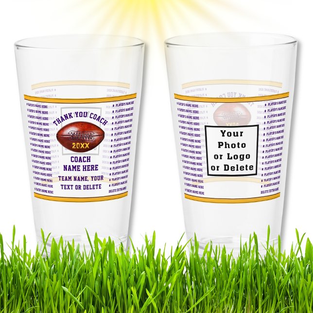 Football Coach Presents, 64 Players Name or Delete Glass (Football Coach Gift Ideas, Personalized with up to 64 players names. Football Glass. Football coach.)