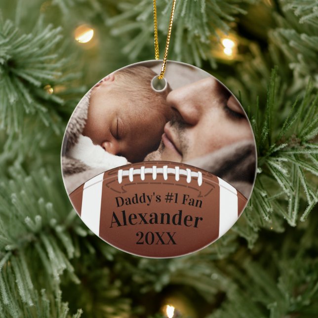 Football Daddy's #1 Fan with Photo Ceramic Ornament (Tree)