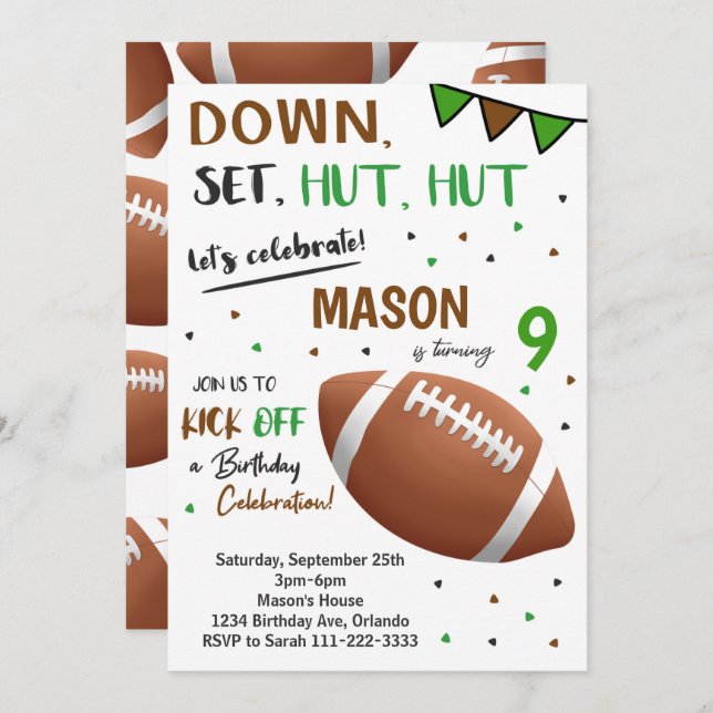 Football Down Set Hut Birthday Invitation (Front/Back)