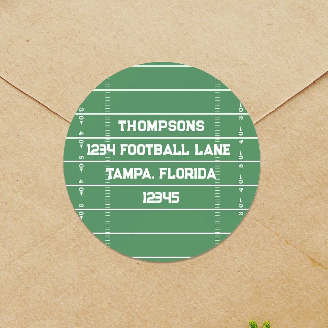 Football Field Return Address Custom Classic Round Sticker (Green and white Football field return address label.)