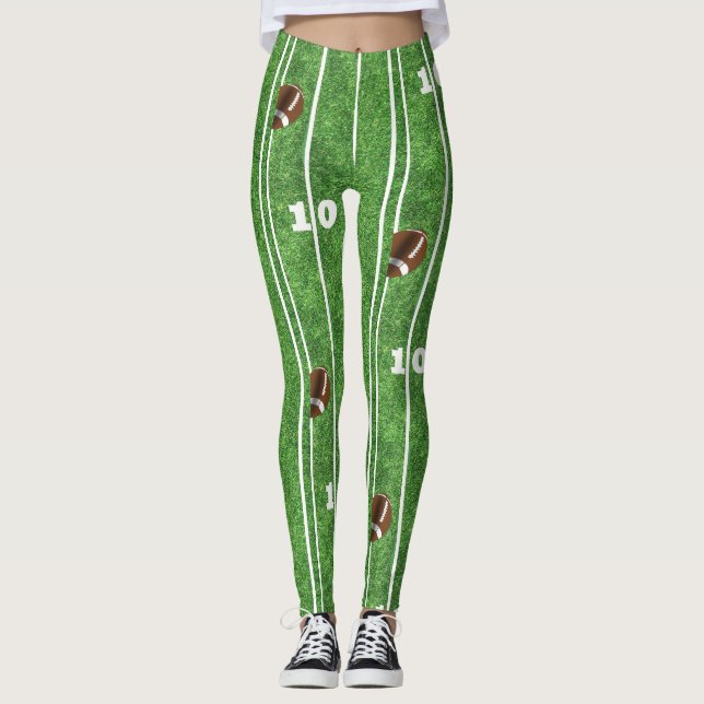 Football Field Yard Line And Ball Print Leggings (Front)