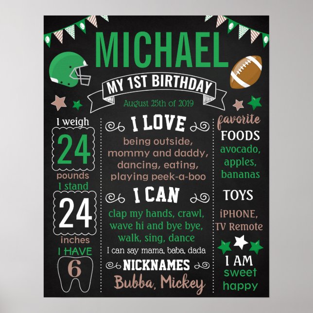 Football First Birthday Party chalkboard Poster (Front)