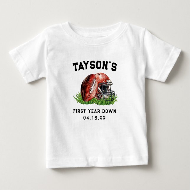 Football First Year Down 1st Birthday Baby T-Shirt (Front)