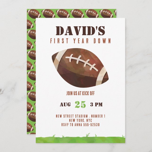 Football First Year Down 1st Birthday Boy  Invitation (Front/Back)