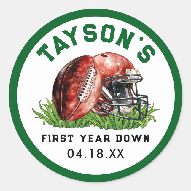 Football First Year Down 1st Birthday Classic Round Sticker (Front)