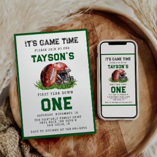 Football First Year Down 1st Birthday  Invitation