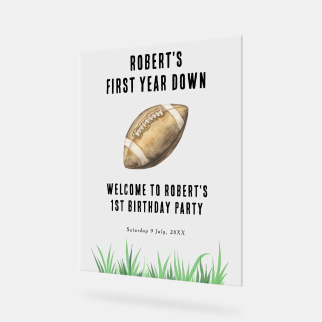 Football First Year Down 1st Birthday Party Acrylic Sign (Angle)