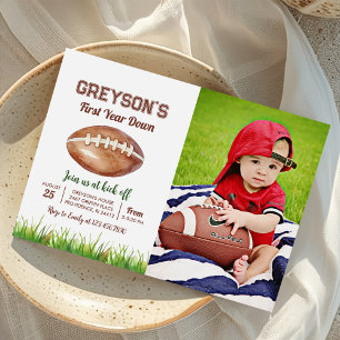 Football First Year Down 1st Birthday Party Photo Invitation
