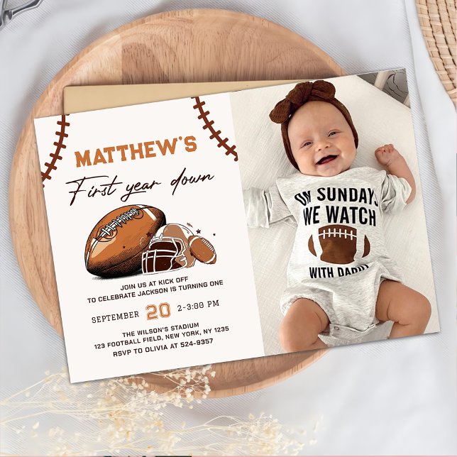 Football First Year Down 1st Birthday Photo Invitation (Creator Uploaded)
