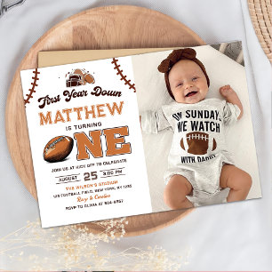 Football First Year Down 1st Birthday Photo Invitation