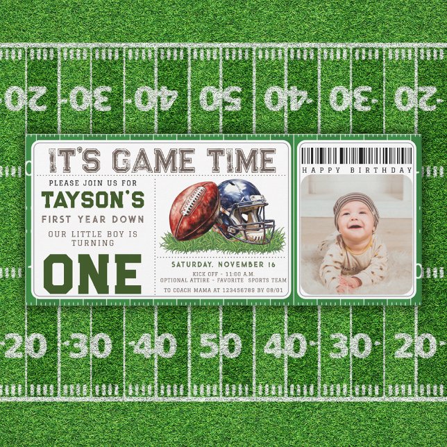 Football First Year Down 1st Birthday Photo Ticket Invitation (Football First Year Down 1st Birthday Photo Ticket Invitation)