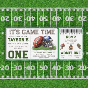 Football First Year Down 1st Birthday Ticket Invitation
