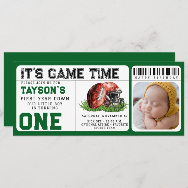 Football First Year Down 1st Birthday Ticket Photo Invitation (Front/Back)