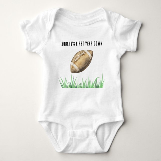 Football First Year Down Birthday Party Baby Bodysuit (Front)