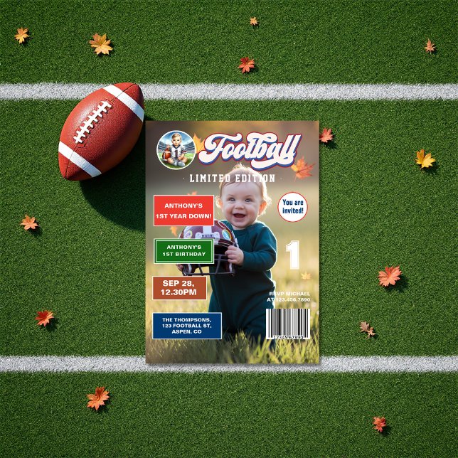 Football First Year Down Magazine Cover Birthday Invitation (Football First Year Down Magazine Cover Birthday Invitation)