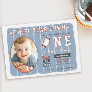 Football First Year Down Stripes Boy 1st Birthday Invitation