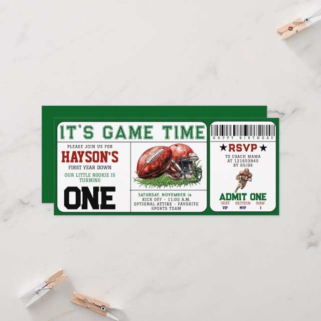  football First Year Down Ticket 1st Birthday Invitation (Front/Back In Situ)