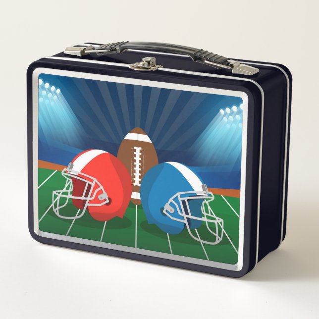 Football, Football Helmets on a Football Field Metal Lunch Box (Front)