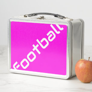 FOOTBALL Fun White Diagonal Text On Bright Pink Metal Lunch Box