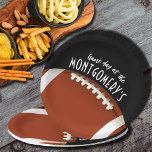 Football Game Day Black Paper Plate<br><div class="desc">Customisable paper plates in 2 SIZES - 9" and 7" feature a football on black and the words "It's Game Day!" and your name. MORE colours and matching items in our store.</div>