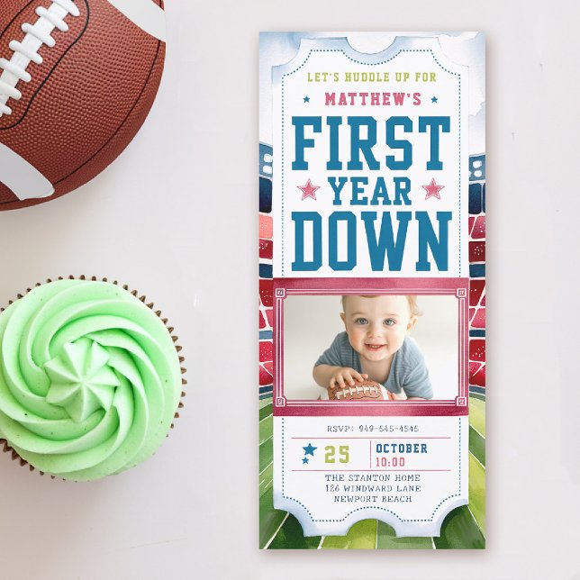 Football Game Ticket Sports Boy Photo 1st Birthday Invitation (boy 1st birthday invitation photo football first year down sports ticket blue red green game time)