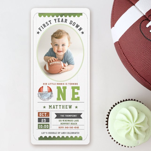 Football Game Ticket Sports Photo Boy 1st Birthday Invitation (first year down football birthday invitation photo sports ticket boy green boy 1st party card)