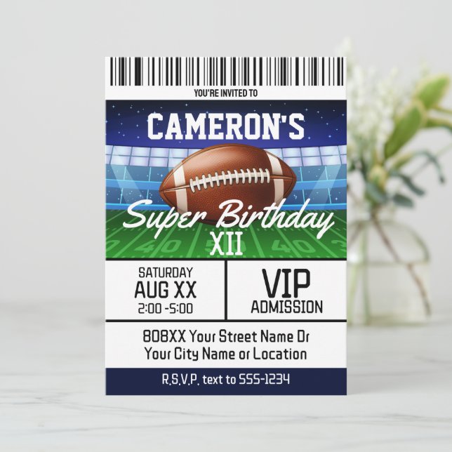 Football Game Ticket Super Birthday Party Invitation (Standing Front)