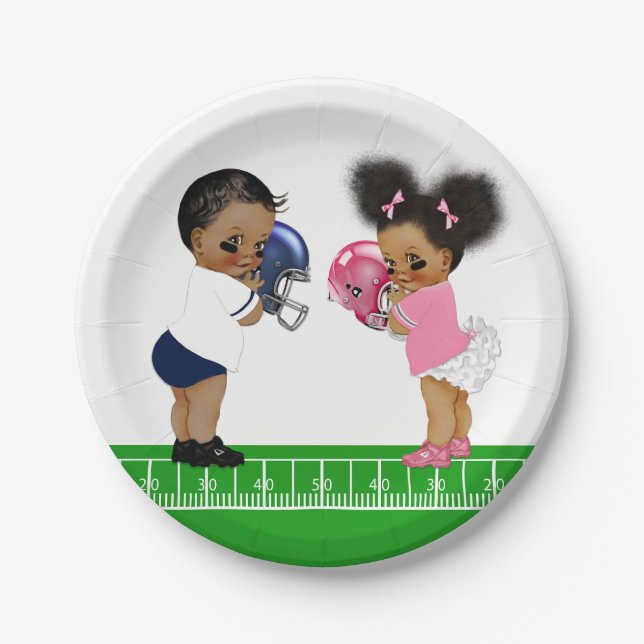 Football Gender Reveal Baby Shower Paper Plates (Front)