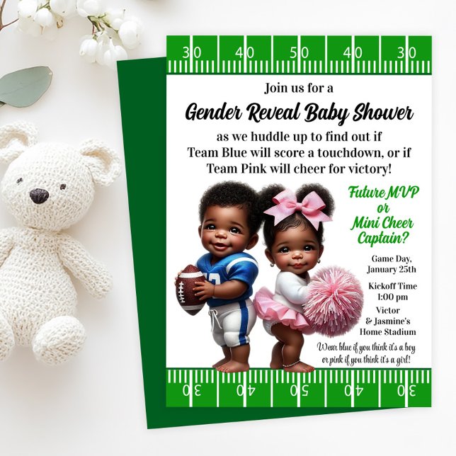 Football Gender Reveal  Invitation (Football player and cheerleader gender reveal baby shower invitation. Simply add your details!)