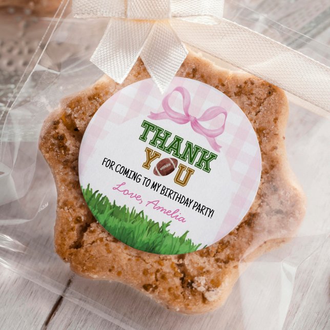 Football Girl Birthday Party Pink Bow Classic Round Sticker (Creator Uploaded)