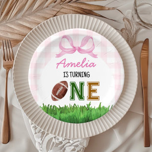 Football Girl First Year Down Birthday Pink Bow Paper Plate