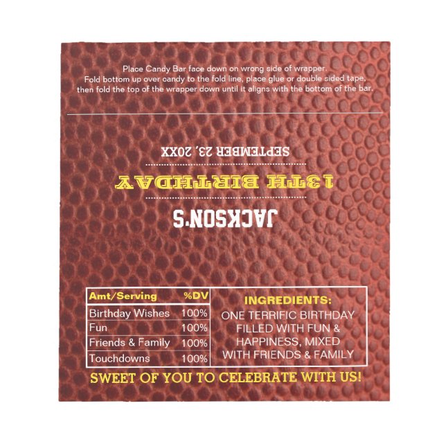 Football Gold Party Favour Chocolate Candy Wrapper Notepad (Front)