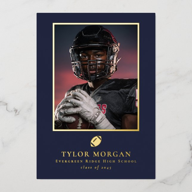 Football Graduation Photo Blue Grad Announcement (Front)