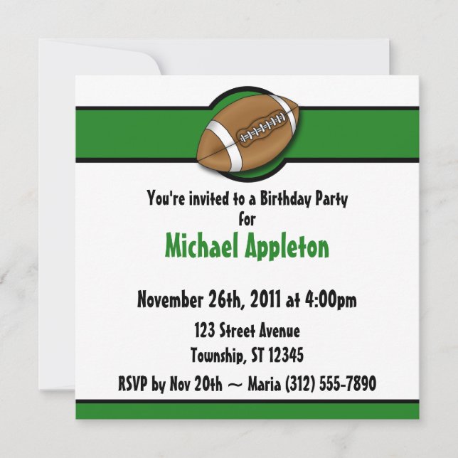 Football Green Birthday Invitations (Front)